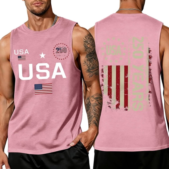 Domuza Patriotic Shirts 4th Of July for Men American Flag Pattern Casual Crew-Neck Sleeveless T Shirts New Trendy Comfy Relaxed Fit Top Pink L