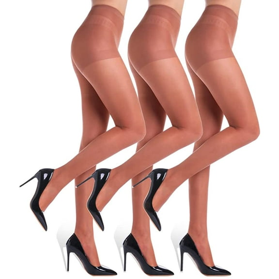 3 Pairs Women's Sheer Tights - 20D Control Top Pantyhose with Reinforced Toes