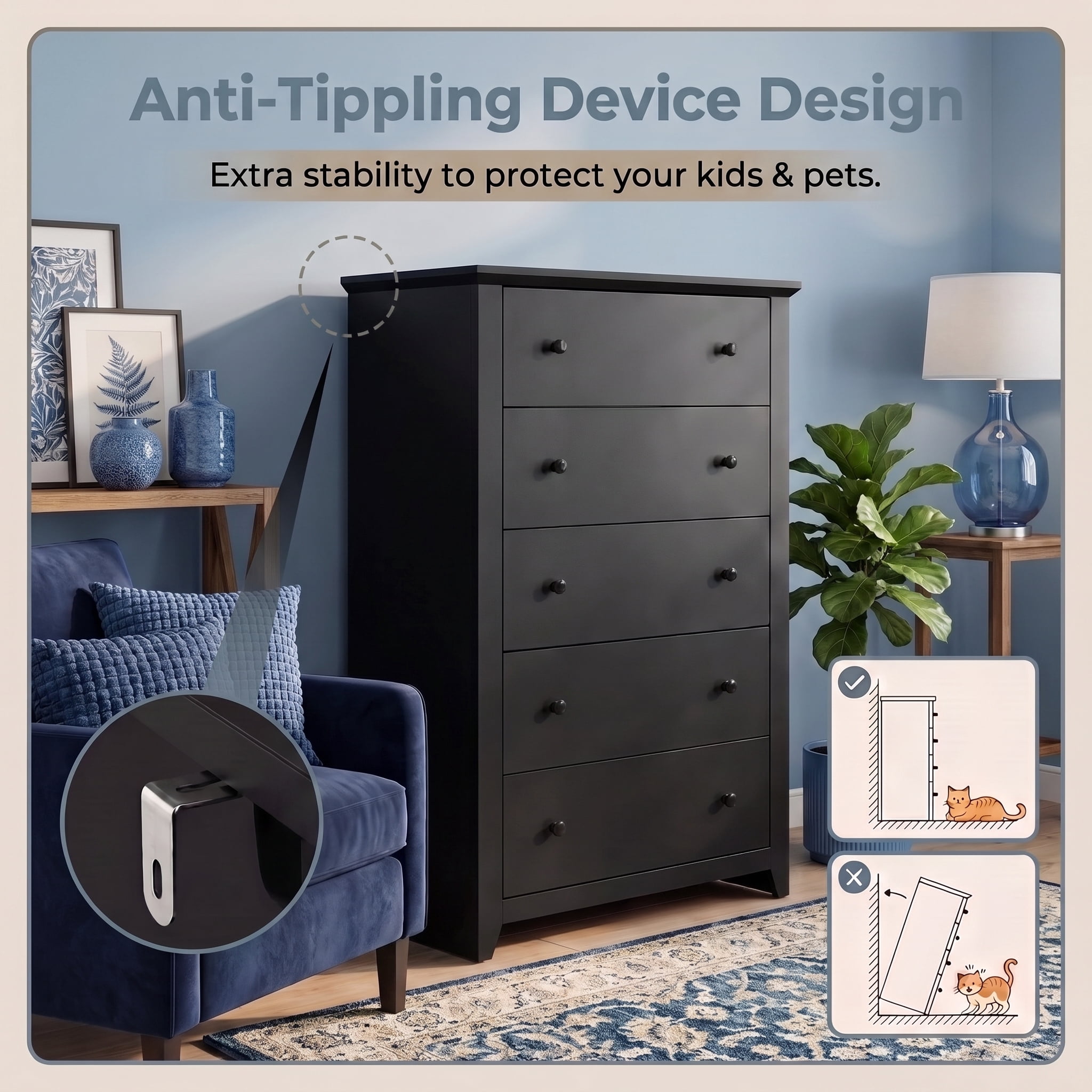 TrumanPick Black Dresser Tall 5 Drawer Dressers for Bedroom Wood Chest of Drawers for Living Room Hallway Entryway 47.2"H x 31.1"W x 15.7"D