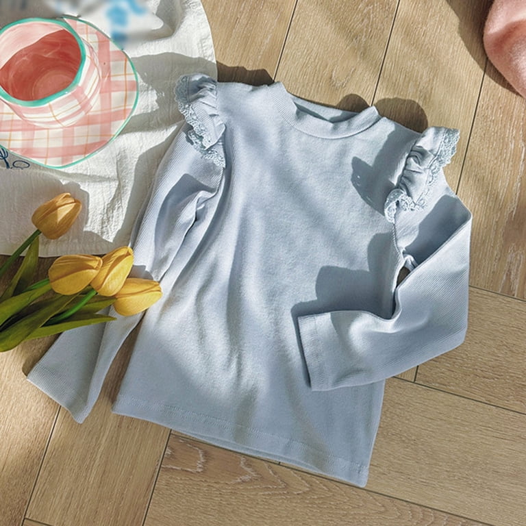 Girls Solid Long Sleeve Top Lightweight Crew Neck Tees Elegant Lace ...