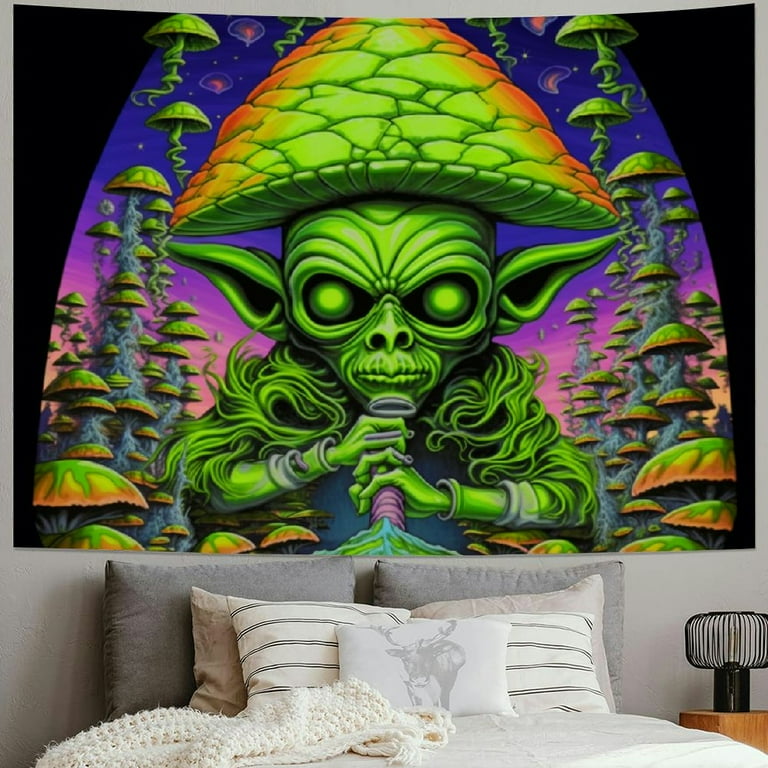 BCIIG Trippy Weed Cool Alien Tapestry Funny Alien Psychedelic Mushroom Tapestry Cannabis Marijuana Leaf Aesthetic Stoner Tapestries Hippie Boho Small Tapestry Wall Hanging for Bedroom Walmart