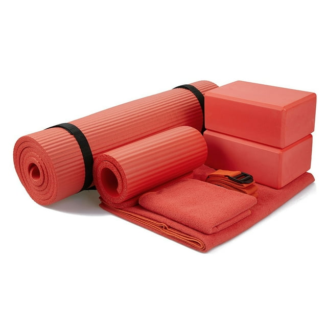 BalanceFrom Complete 7-Piece Yoga Set with 71” x 24” x0.5” Extra Thick Mat, Red