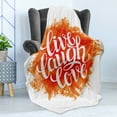 thumbnail image 4 of Live Laugh Love Soft Flannel Fleece Blanket, Hand Drawn Style Cheerful Brushstroke Background Motivation Phrase Print, Cozy Plush for Indoor and Outdoor Use, 70" x 90", Orange White, by Ambesonne, 4 of 5
