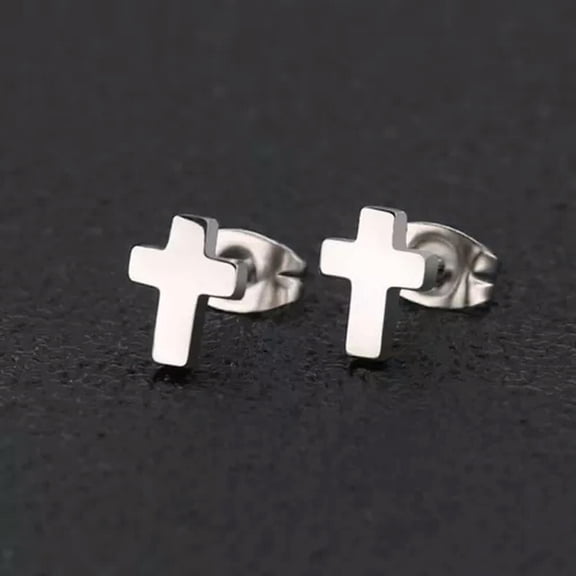 GKNET Surgical Steel Silver Gold Black Small Cross Ear Stud Earrings Mens Womens 2Pcs-Silver