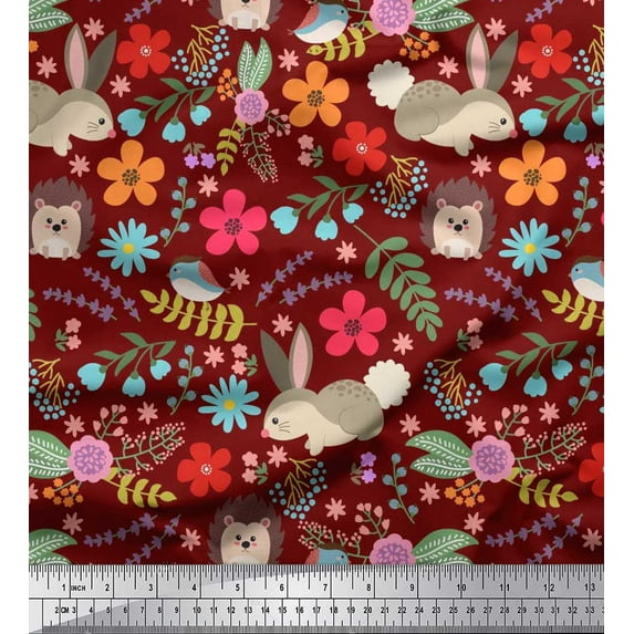 Soimoi Modal Satin Fabric Floral,Rabbit & Porcupine Cartoon Print Fabric by The Yard 42 Inch Wide