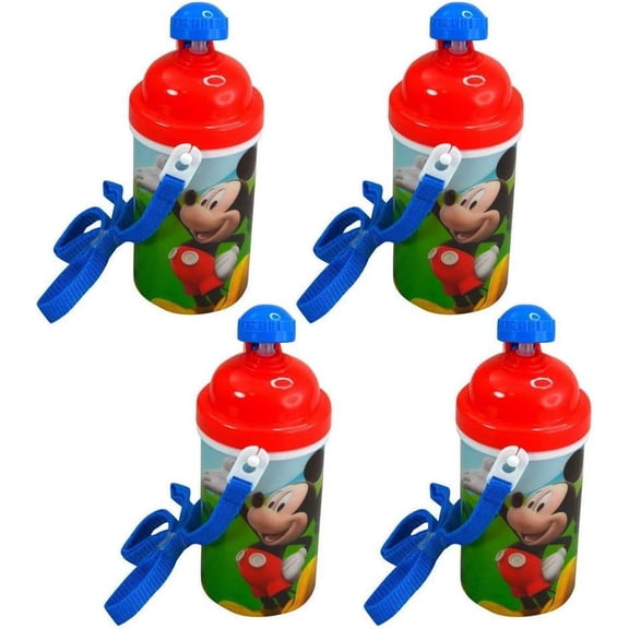 Zak Designs [4-Pack] Disney Mickey Mouse Kids 12oz Pop-up Lid Canteen Water Bottles with Carrying Strap