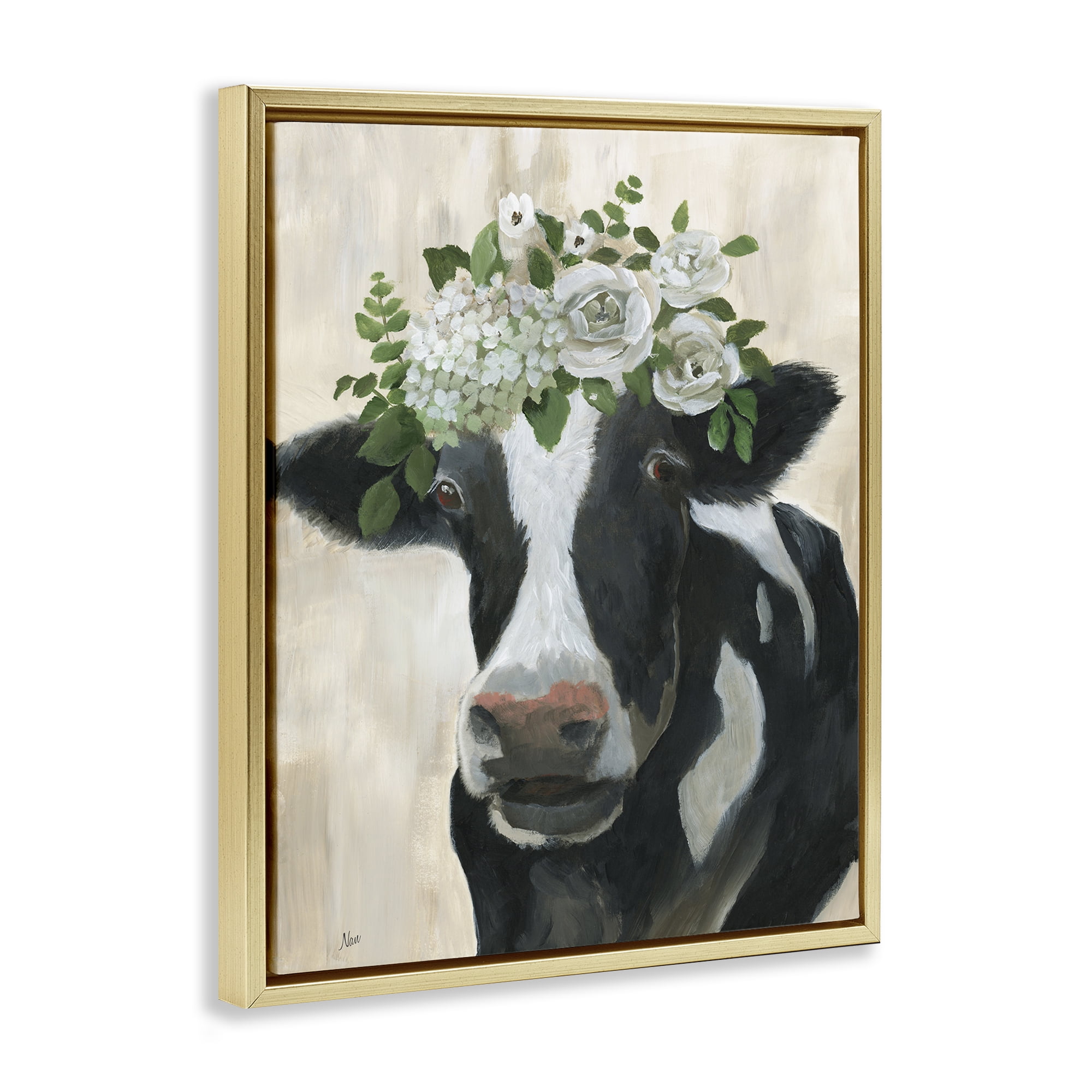 Stupell Industries Floral Crown Cow Animals & Insects Painting Gold Floater Framed Canvas Art Print Wall Art, 17 x 21