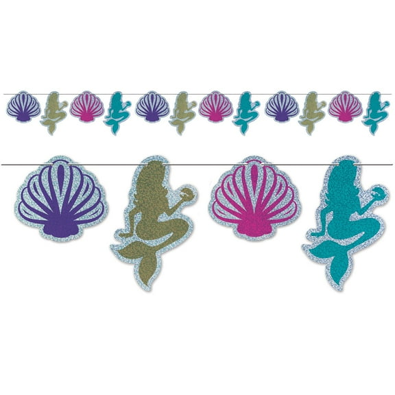 Club Pack of 12 Blue and Pink Shimmering Mermaid Coastal Seashell Streamers Decors 144"