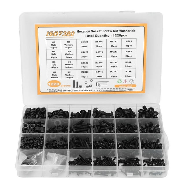 Kit de 1220 tornillos, tuercas y arandelas de acero al carbono M2 M3 M4 M5, tornillos de cabeza semicircular hexagonal, juego de tuercas y arandelas.