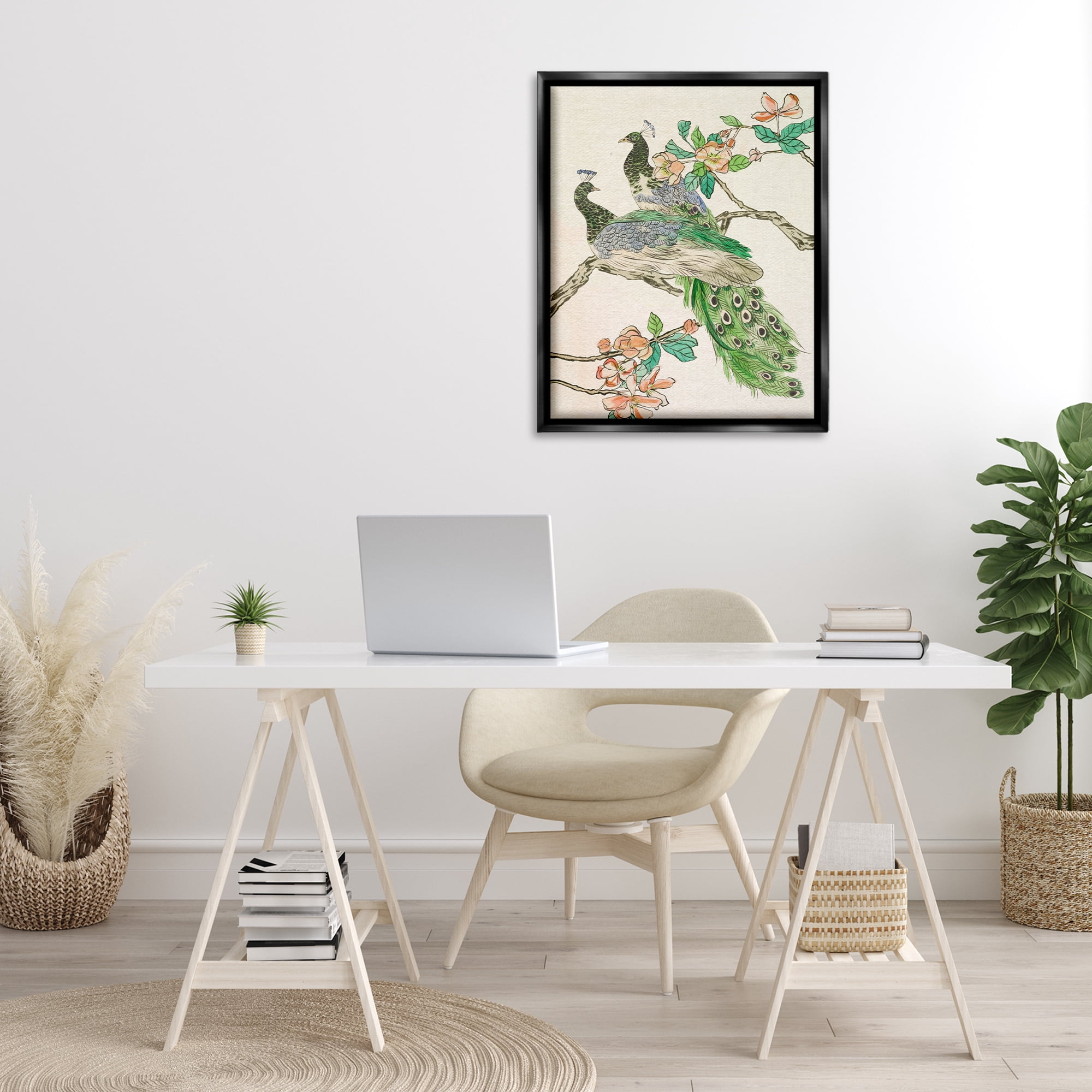 Stupell Industries Peacock Perched on Branch Animals & Insects Painting Black Floater Framed Canvas Art Print Wall Art, 25 x 31