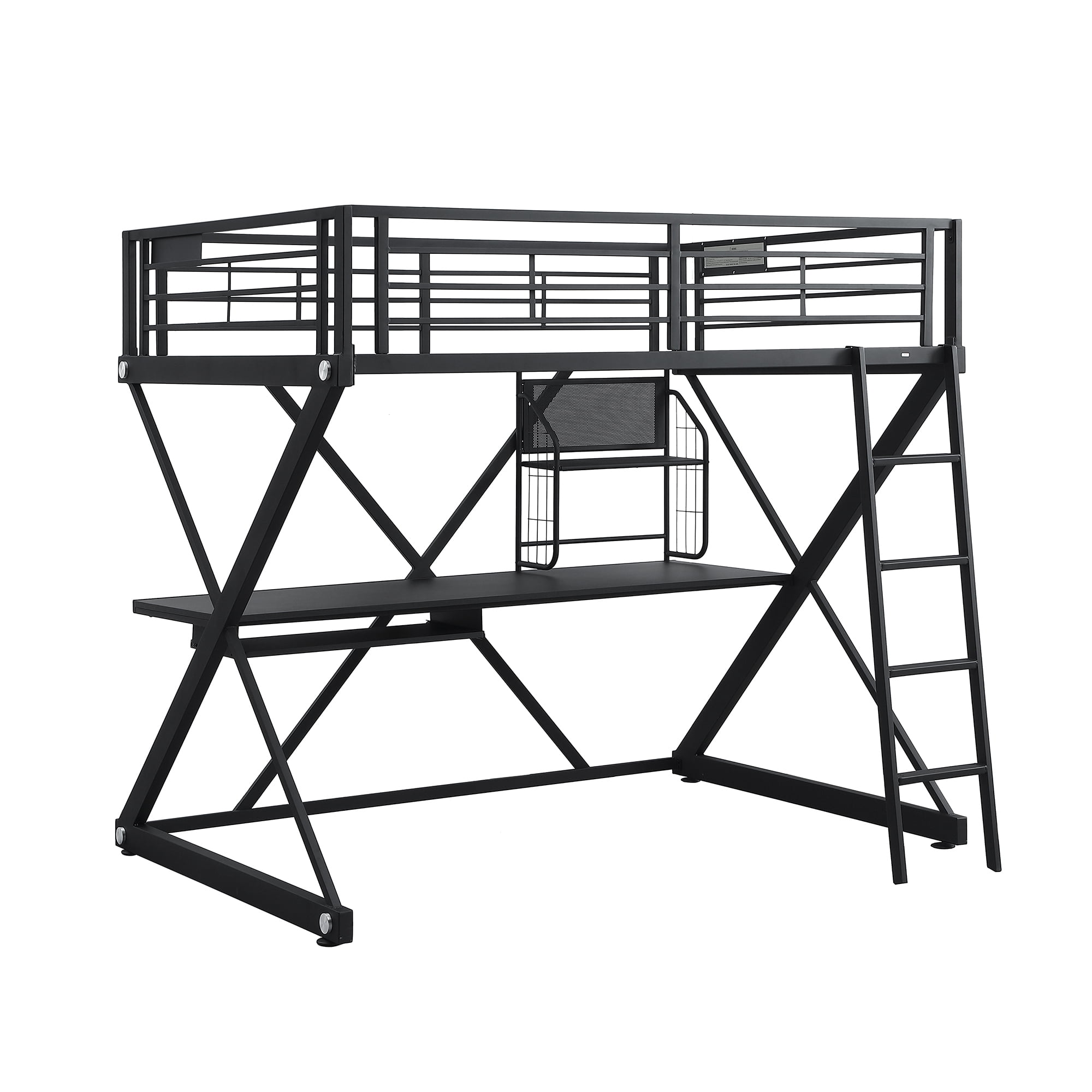 Z Shaped Metal Loft Bed with Inbuilt Desk and Suspended Shelf, Black