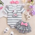 thumbnail image 2 of kaprioy Toddler Baby Girls Summer Outfits 0 3 6 9 12 18 Months Short Sleeve Cartoon Elephant Striped Romper + Bowknot Skirt + Headband 3 Piece Clothes, 2 of 7