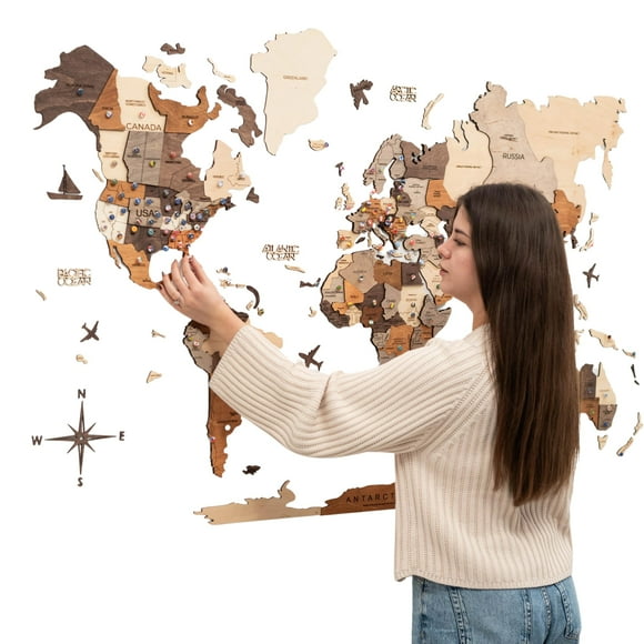 Arte de pared con mapa del mundo en madera Enjoy The Wood XL, multicolor