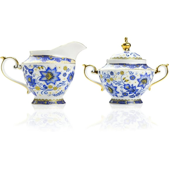 Sugar and Creamer Set for Coffee Bar, 10.6 oz Bone China Cream and Sugar Set, Vintage Sugar Bowl with Lid, Floral Creamer Pitcher with Pour Spout and Handle, Blue and White