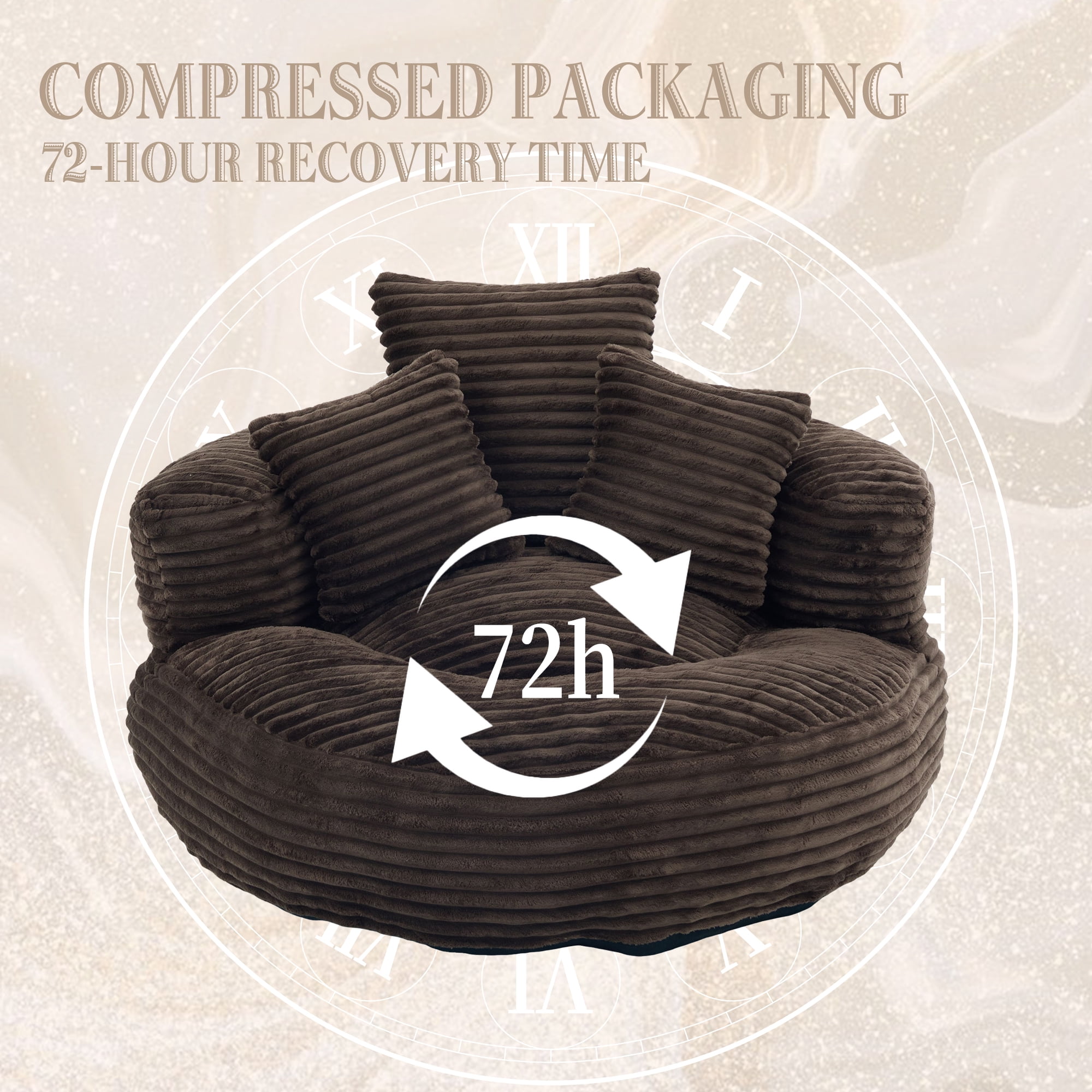 Aukfa 42.5"W Oversized Round Chaise Lounge Chair Indoor, Corduroy Floor Sofa with 3 Pillows, 550 lbs, Coffee