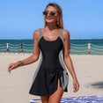 thumbnail image 7 of One Piece Swimsuit Women Tummy Control Modest Bathing Suits Color Block Scoop Neck Skirt Swim Dress Swimwear Black XL, 7 of 7