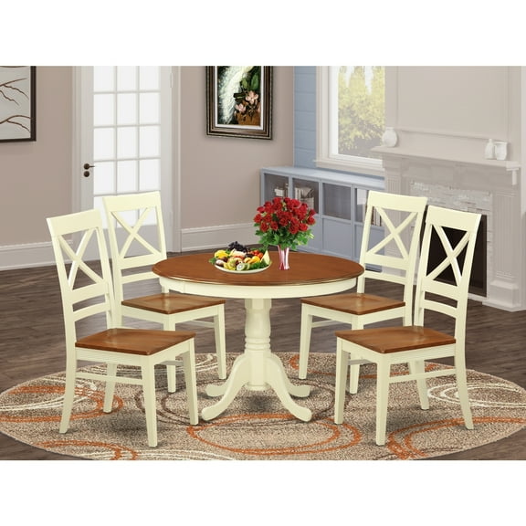 Coastal Dining Set for 4 - 42 Inch Round Table & 4 Chairs - Buttermilk & Cherry Finish