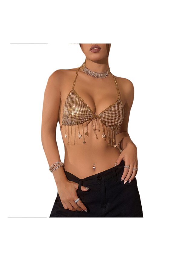 Women Rhinestones Halterneck Bra Backless Star Tassels Body Jewelry Camisole