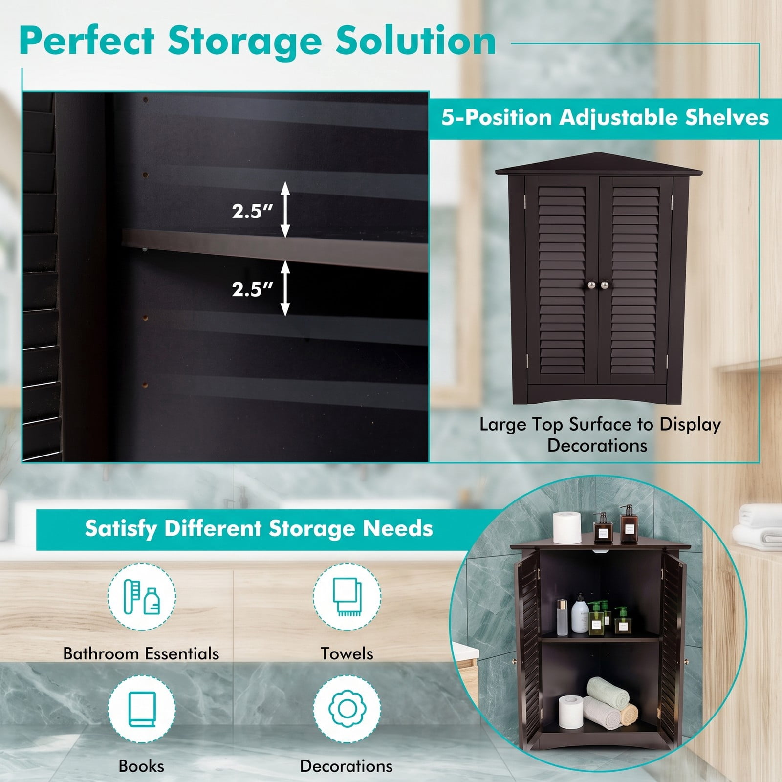 Fenbeli Bathroom Corner Floor Cabinet, Freestanding Wooden Storage Organizer with Shutter Door and Adjustable Shelf, Anti-Tipping Space-Saving Unit for Bathroom, Brown