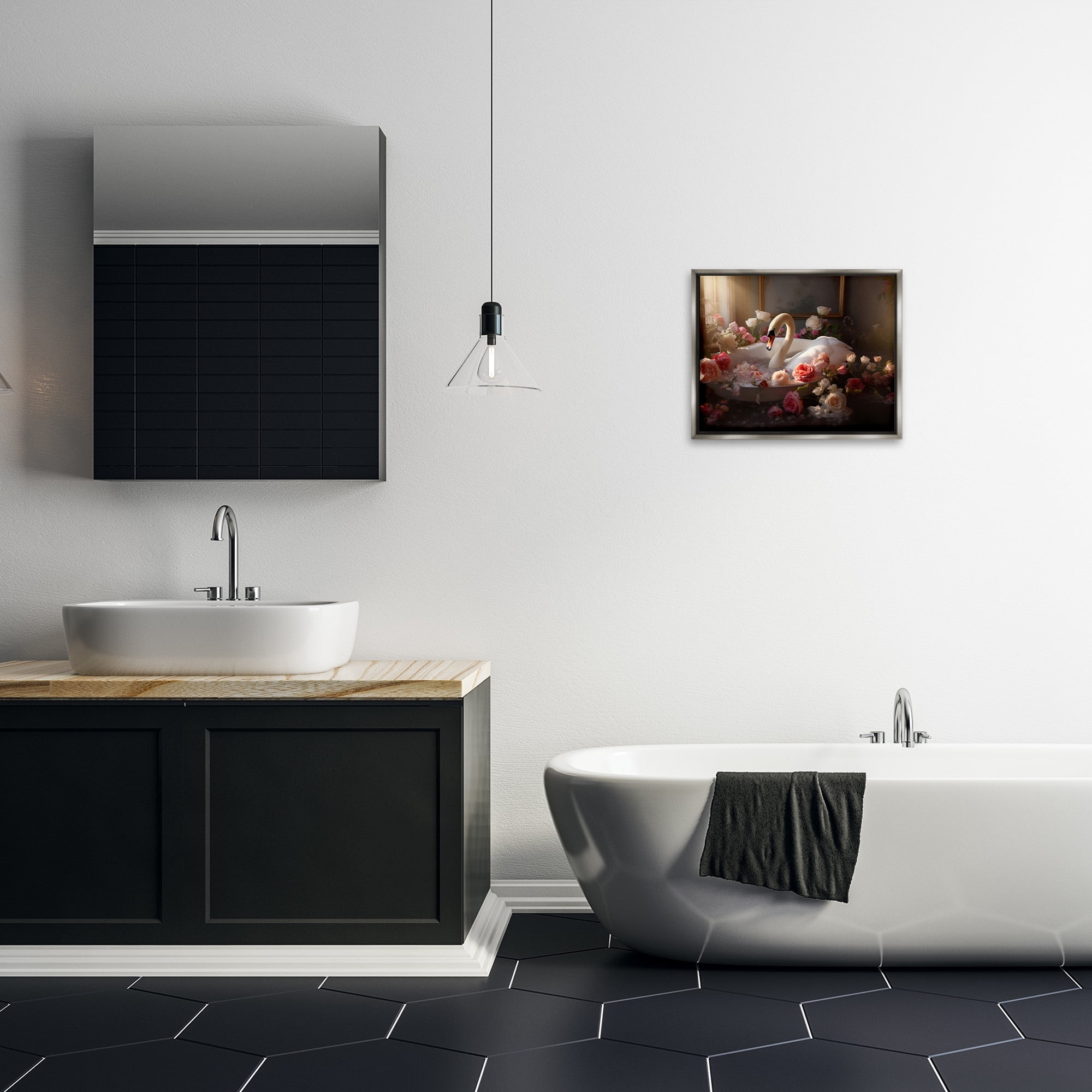 Stupell Industries Swan & Bathroom Roses Animals & Insects Painting Gray Floater Framed Canvas Art Print Wall Art, 21 x 17