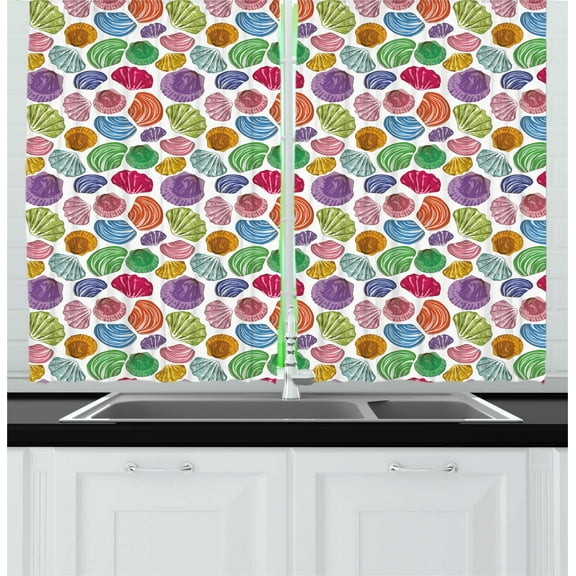 Ambesonne Sea Shells Kitchen Curtains, Colorful Aqua Motif, 55"x39", Multicolor