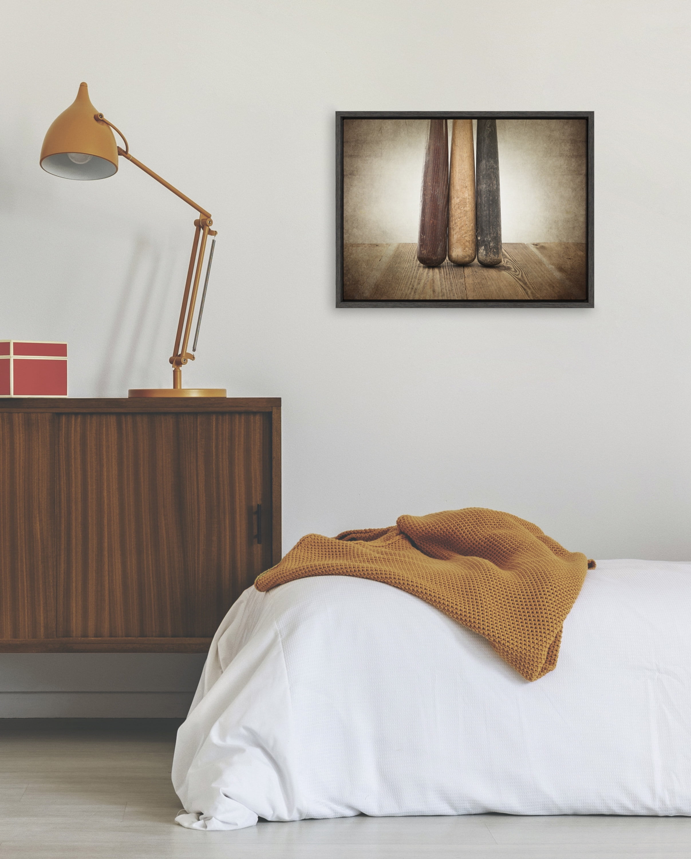 DesignOvation Sylvie Three Vintage Bats Framed Canvas By Shawn St. Peter, 18x24 Dark Grey, Transitional Sports Wall Decor For Office, Bedroom, Or Living Room