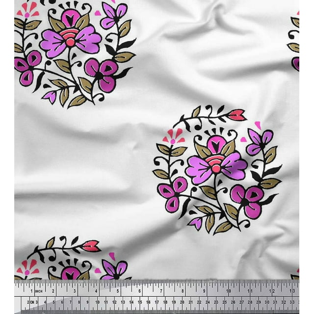 Soimoi Polyester Crepe Fabric Leaves & Floral Block Print Sewing Fabric Yard 42 Inch Wide