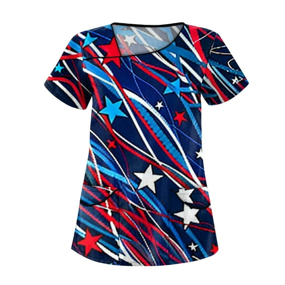 4Th Of July Scrub Tops Women, For Tops Plus Size Skew Collar Short Sleeve Workwear With Double Layer Pockets Red White And Royal Blue American Flag Top Women'S Scrubs Tank (4XL, Blue) ZMTing