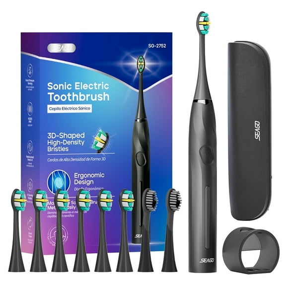 Seago Electric Toothbrush for Adult,Seamless Design,8 Brush Heads,Travel Case and Hold,Black SG2752