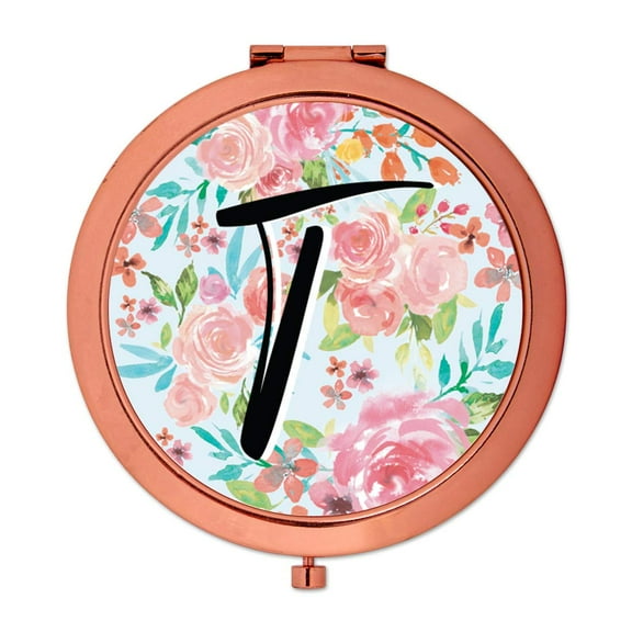 Koyal Wholesale Compact Mirror Bridesmaid's Wedding Gift, Rose Gold, Monogram Letter T, Tea Party Pink Floral Flowers