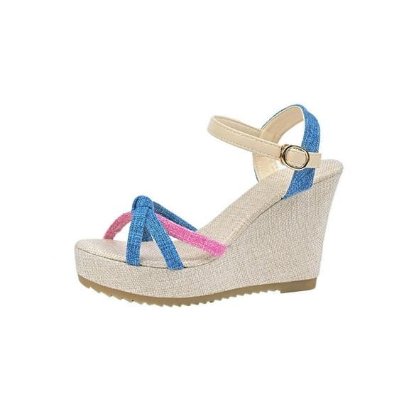 Women's Sandals Wedge Thick Sole Sandals Women Gladiator Open Toe Waterproof Wedges Solid Color Ankle Strap Women Footwear Comfortable Walking Beach Sandals for Women Blue 5.5