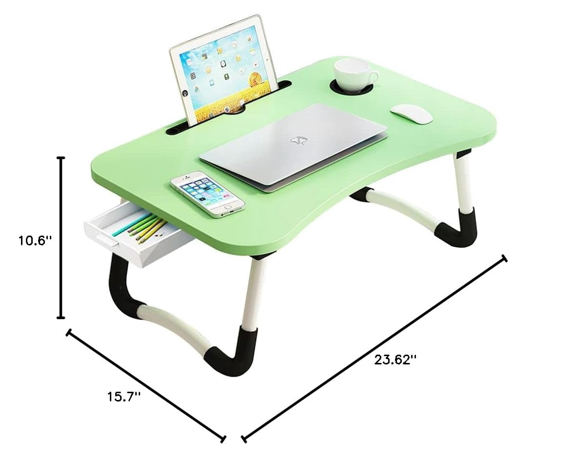 Lap Laptop Desk With Storage Drawer  Holders For Cup And Tablet Bed Tray Table Foldable Stand Portable Standing Sofa Couch Floor (23.6" Green)