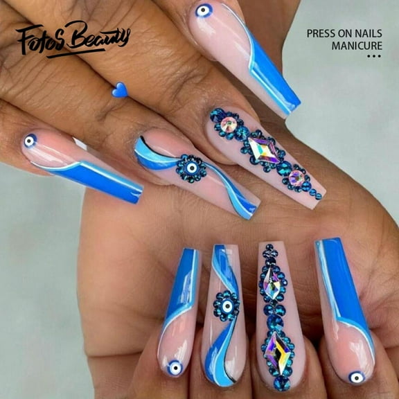 Fofosbeauty 24pcs Press on False Nails, Long Coffin Fake Nails, Eye of Blue Ocean Stones