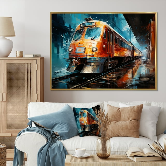 Designart Large Train framed wall Art, Train Dynamic composition , train framed wall art decor, Multi-Color Modern Gold framed wall art, 44x34 inches Gold Frame