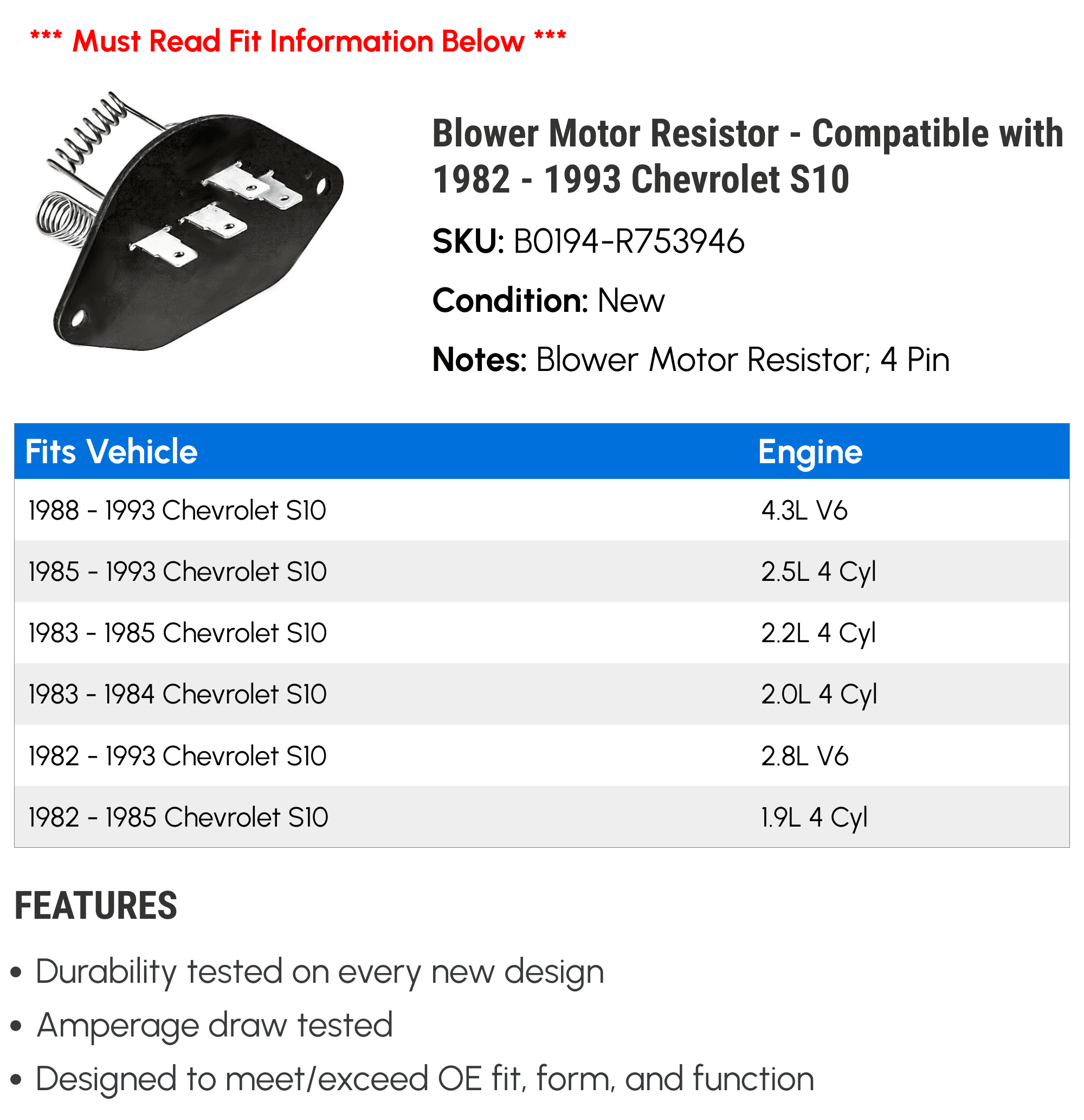 Blower Motor Resistor - Compatible with 1982 - 1993 Chevy S10 1983 1984 1985 1986 1987 1988 1989 1990 1991 1992