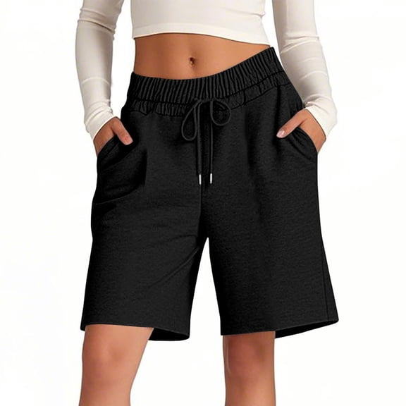 hoksml Women's Casual Knit Shorts, High Waist Drawstring Sweat Shorts, Loose Fit Knee Length Bermuda Shorts with Pockets
