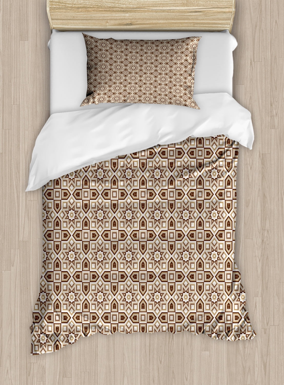 Brown Twin Size Duvet Cover Set Tile Pattern With Squares