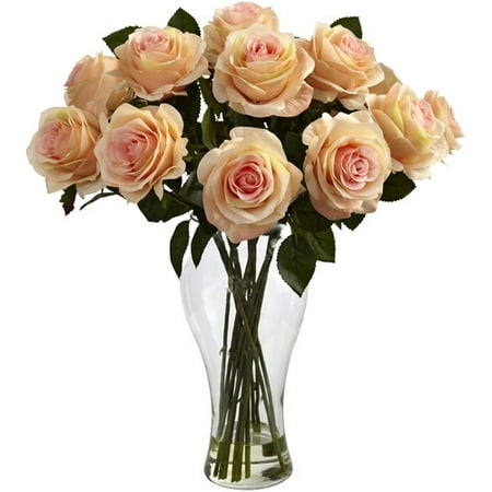Nearly Natural Blooming Roses with Vase, Peach
