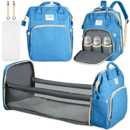 Diaper Bag Backpack,Multifunction Diaper Bag Backpack with Changing Station,Foldable Crib&Insulated Milk Bottle Pocket Large Capacity Baby Nappy Changing Bag Travel Backpack w/ Stroller Straps,Blue