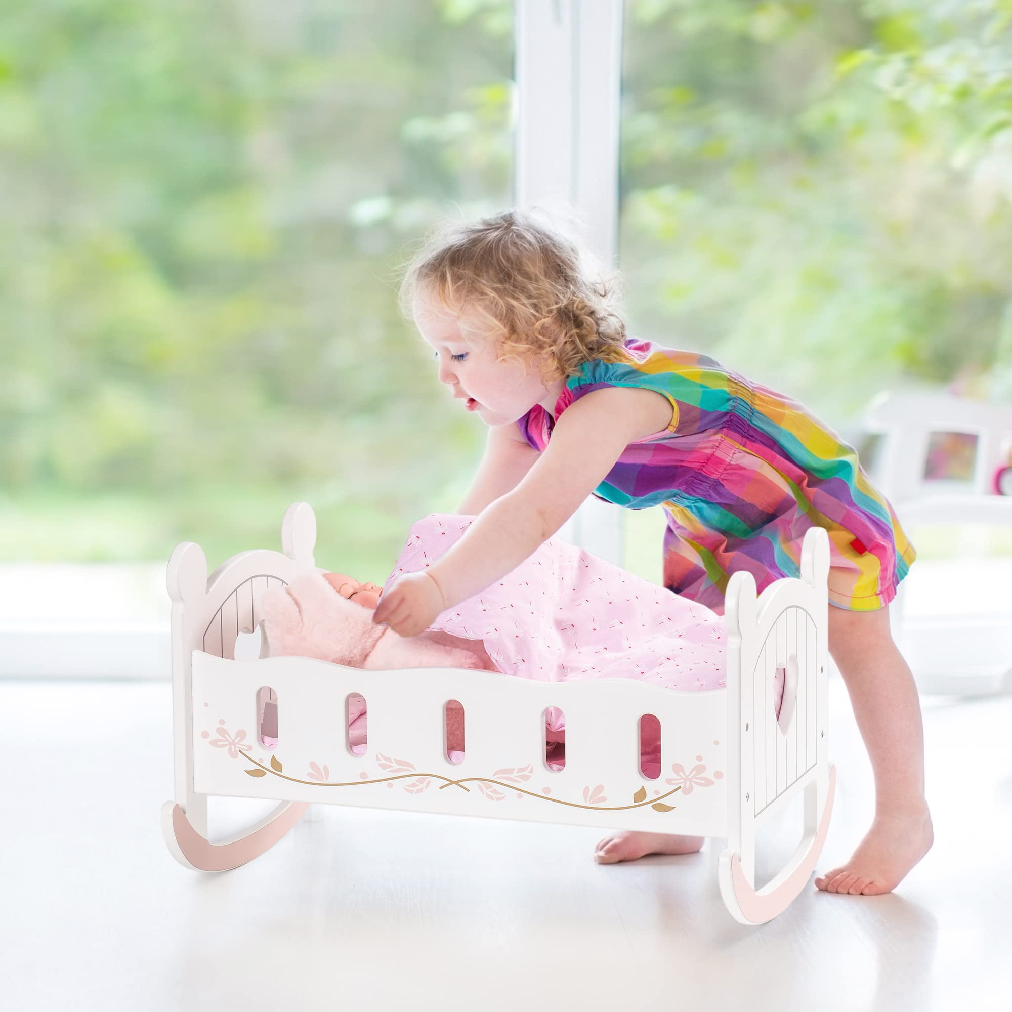 ROBUD Wooden Doll Cradle Rocking Baby Doll Crib, Reversible Doll