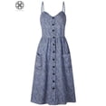 thumbnail image 3 of Luxtrada Women's Dresses Summer Boho Floral Spaghetti Strap Button Down Belt Swing A line Midi Dress with Pockets (Blue Flowers,L), 3 of 7
