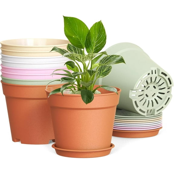 10 Pack 6 Inch Plant Pots with Drainage and Saucers, Plastic Flower Pots for Indoor and Outdoor Plants, Stackable Nursery Planters for Houseplants and Herbs, Colorful