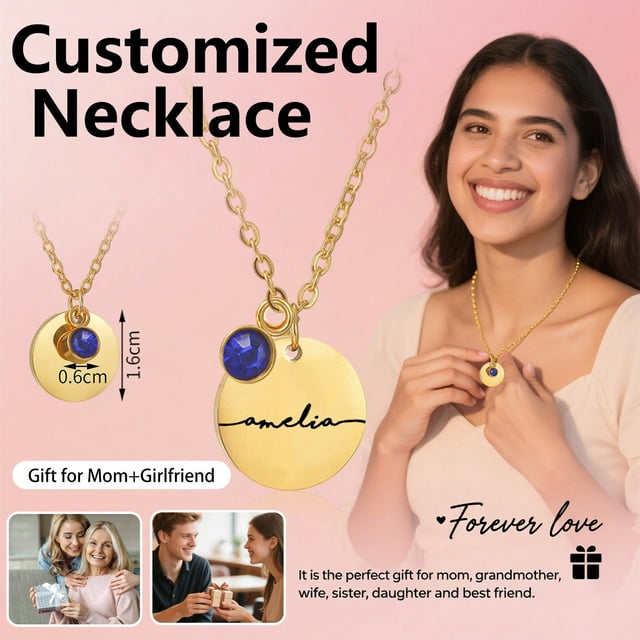 Ohmyroo Delicate Mirror Titanium Steel Engraved Necklace Personalized Round Pendant Birthday Gift For Family