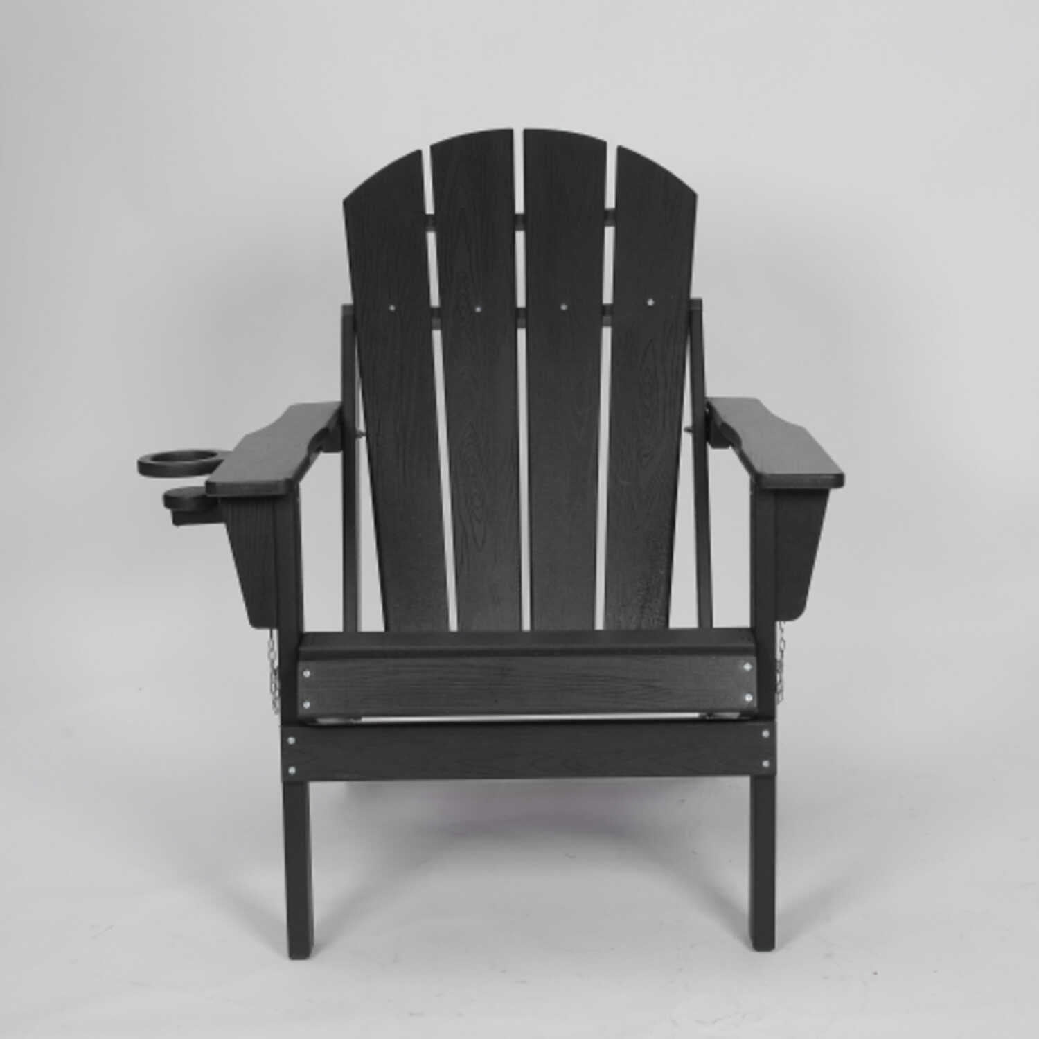 Black HDPE Folding Adirondack Chair with Wood Texture Composite Material and Built in Dual Cup Holders