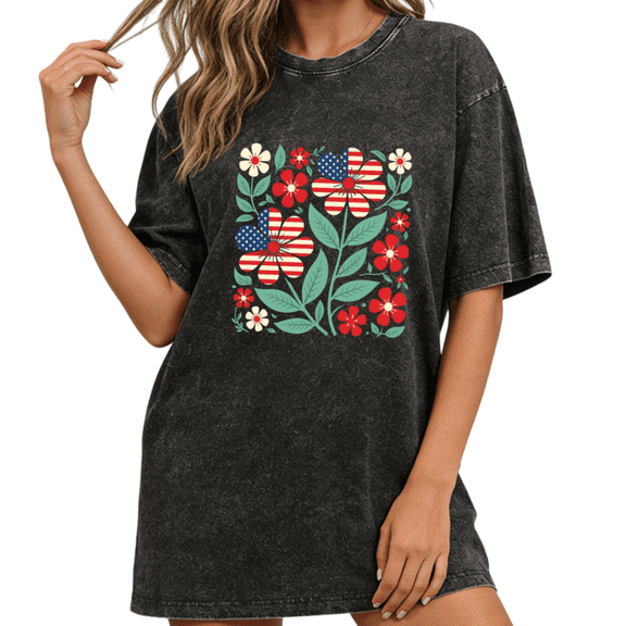 Giffimy Women US Flag Flower Vintage Washed T-Shirt Short Sleeve Loose Fit Black S-2XL