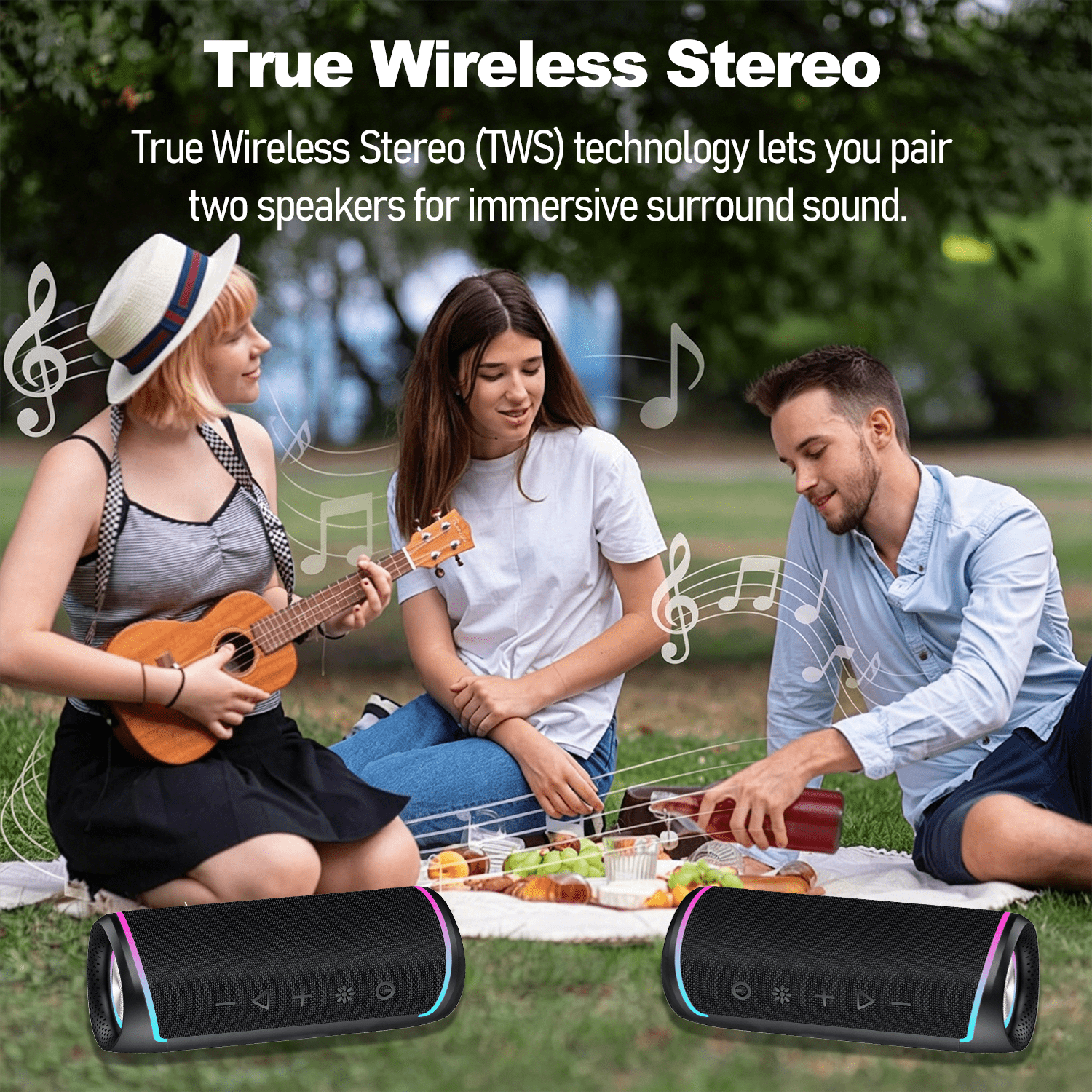 Portable Bluetooth Speaker with RGB Lights, IPX6 Waterproof Wireless Speaker 10H Playtime, Outdoor Loud Speaker with TWS Pairing for Bike Beach Party Home, Black