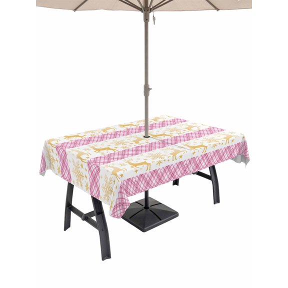 Outdoor Tablecloth with Umbrella Hole and Zipper, Christmas Reindeer Rectangle Table Cloth 60x120 Inch Waterproof Tablecloth, Pink Xmas Stripes Winter Snowflakes Picnic Table Cover for Patio Camping