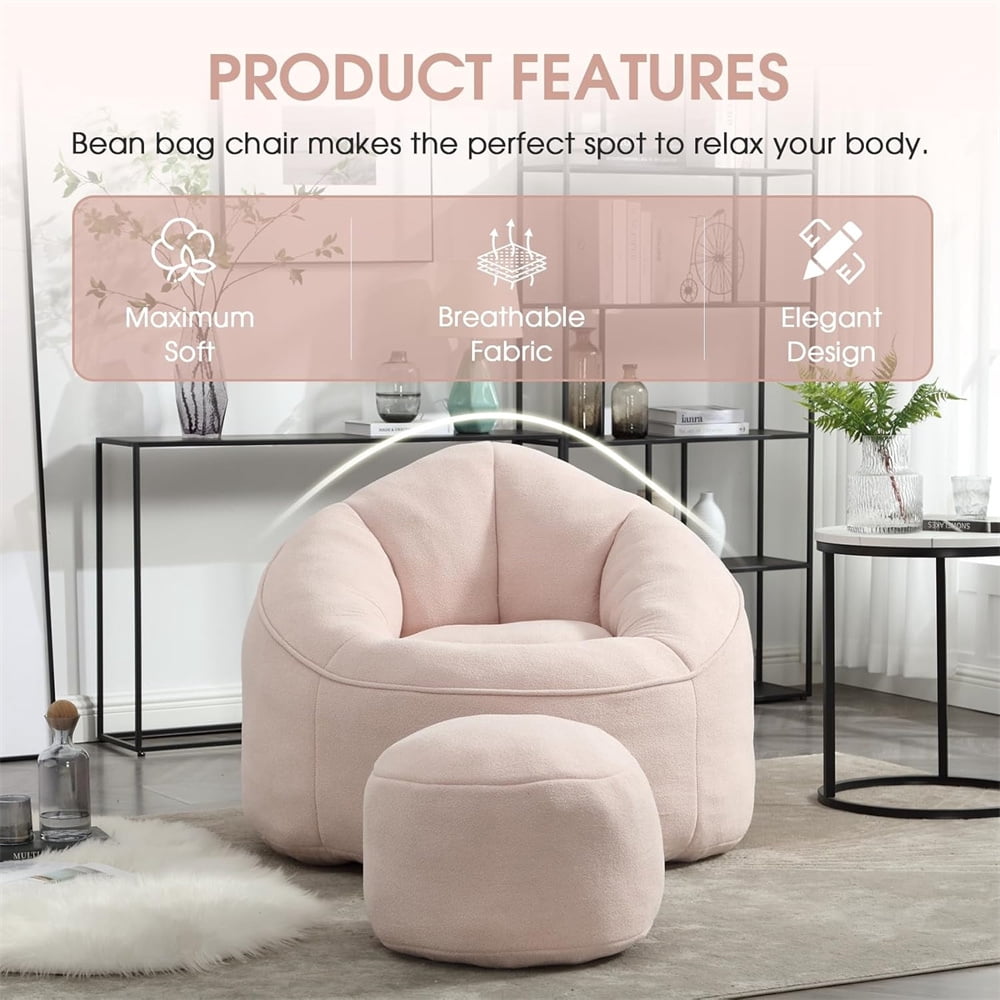 Bean Bag Chair for Adult, Upholstered Bean Bag Sofa with Footstool and Petal Back, Memory Foam Stuffed Bean Bag Couch for Living Room, Bedroom, Apartment, Pink