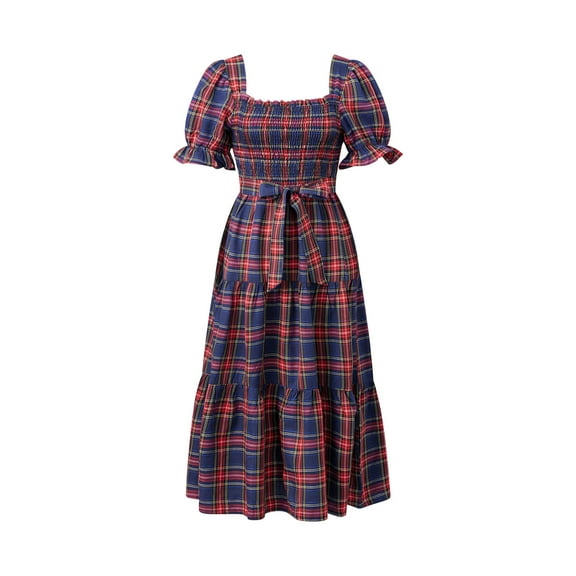Rdhnmea Women Christmas Plaid Maxi Dress Puff Sleeve Square Neck Smocked Dresses Belted Ruffled Gingham A Line Long Party Dress Streetwear