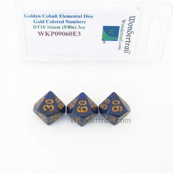 Golden Cobalt Elemental Dice with Gold Numbers DT10 16mm (5/8in) Pack of 3 Wondertrail